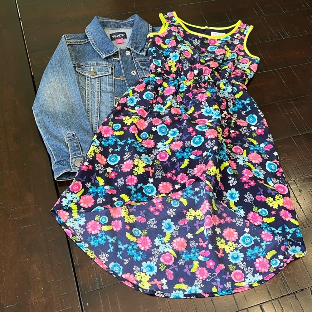 Girl's clothes bundle dresses and denim jacket Sz 4, XS(5) floral